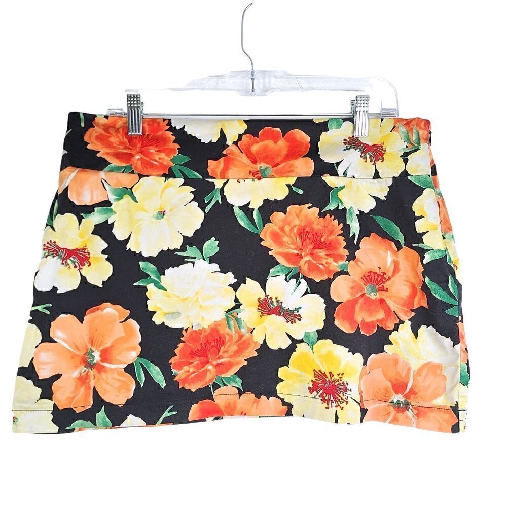 Vintage Carabella Black Orange Floral Mini Skirt Y2K 34" Waist